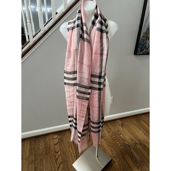 NEW BURBERRY Giant Check Wool Silk Gauze Scarf Ash Rose 220x70cm - Picture 4 of 13